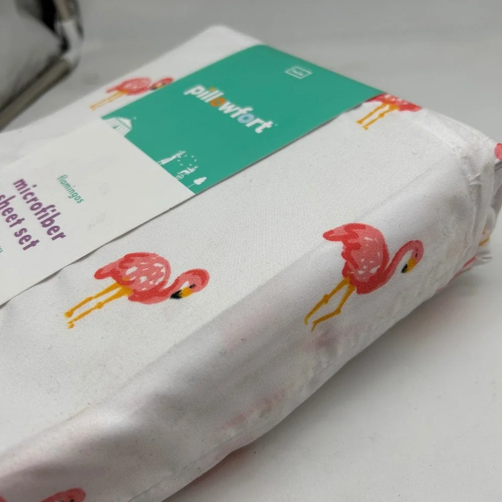 Pillowfort Twin Microfiber Sheet Set Pink Flamingos White 3 Piece Bedding NEW